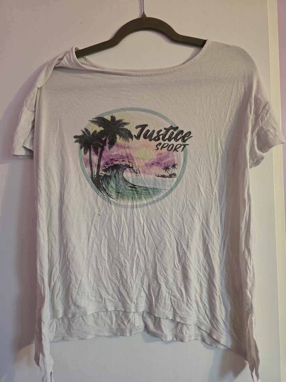 Justice White Tee with Pastel Palm & Wave Graphic